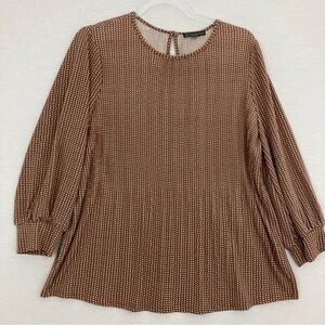 Adrianna Papell Brown White Polka Dot Stretch 3/4 Sleeve Blouse Large Office